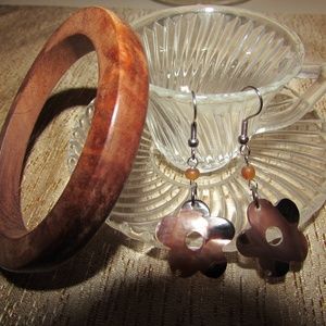 Shell Earrings and Wood Bracelet set